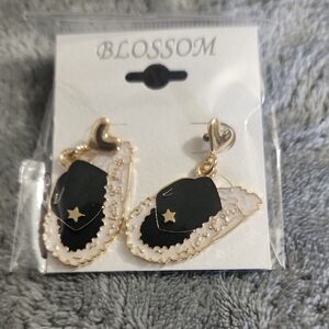 Gold & Black Star Cowboy Hat Drop Earrings